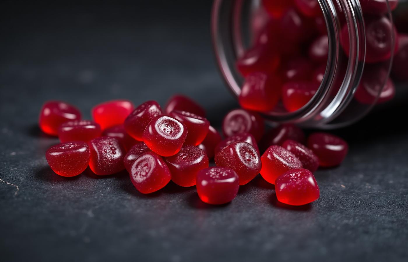 Verlorin berry gummies spilling from a jar
